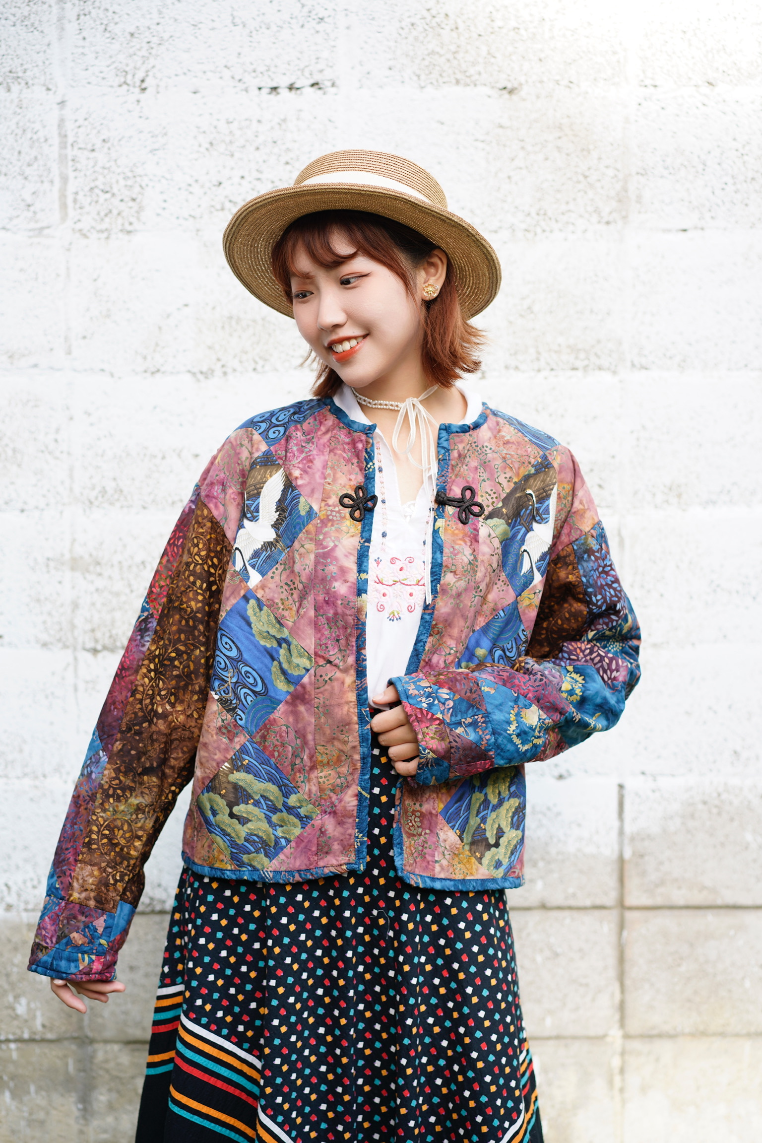 Vintage Jacket/古著拼布秋冬鋪棉外套-粉藍渲染鶴