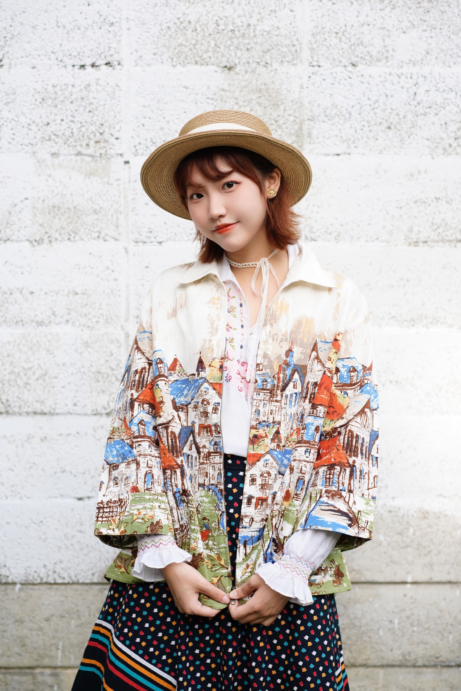 Vintage Jacket/古著秋冬外套-水彩插畫房子