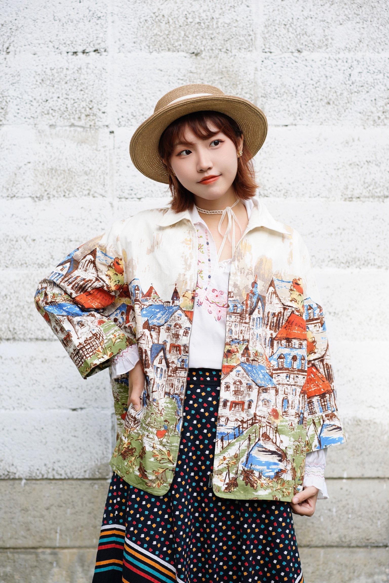 Vintage Jacket/古著秋冬外套-水彩插畫房子