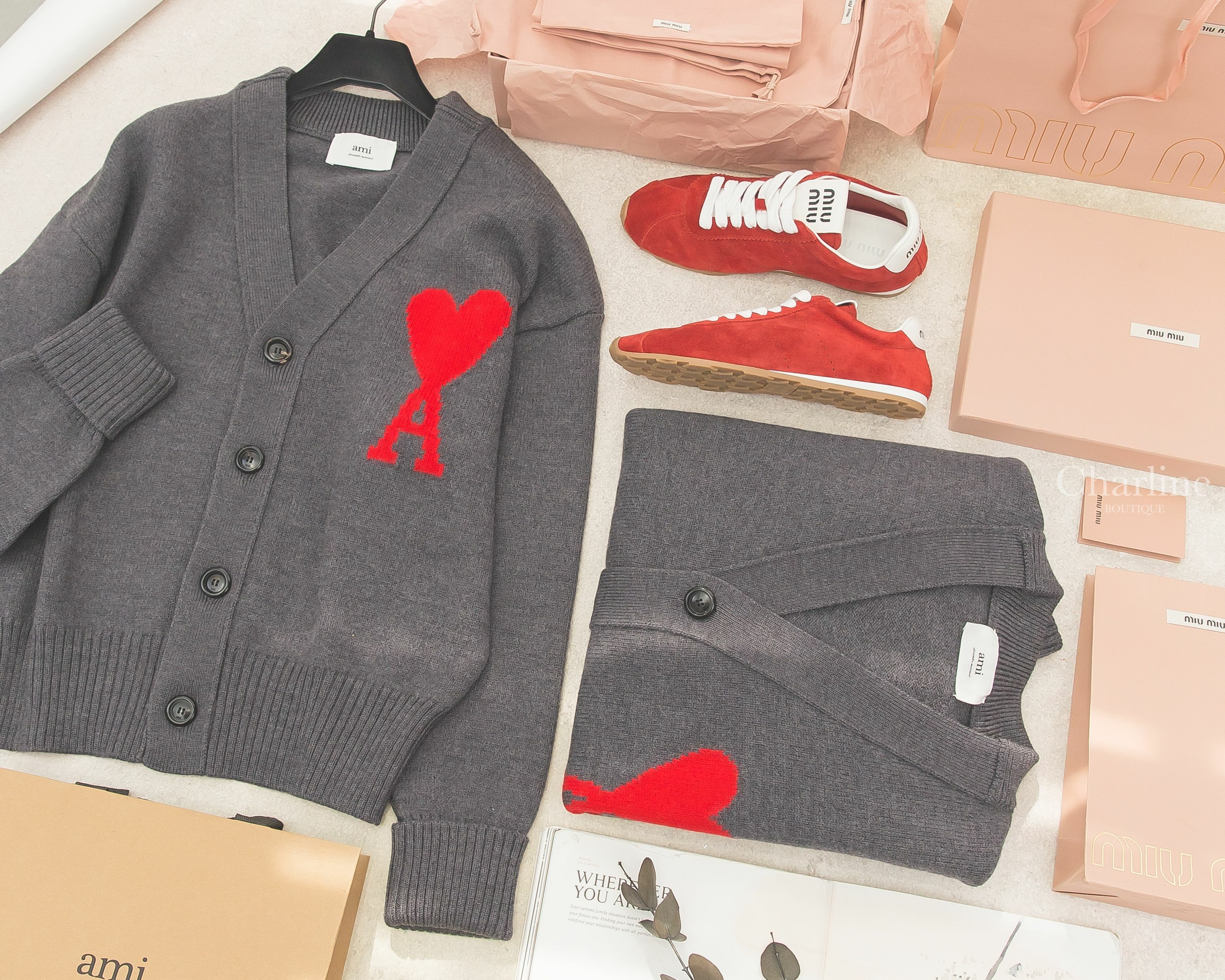 Miu Miu Plume Suede Sneakers 猩紅色麂皮棕白色皮革飾邊黑字運動鞋-Charline Boutique 精品代購