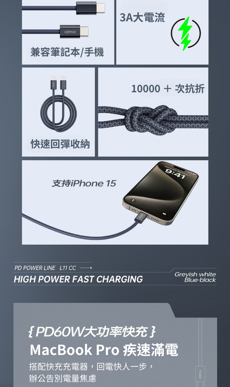 Idmix 60W Type-C to Type-C 柔韌編織快充數據線