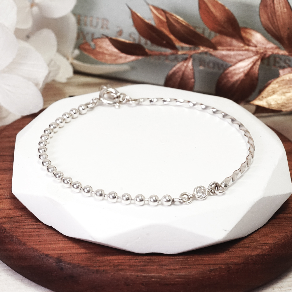 ART64 閃耀唯一半半手鍊小鑽銀珠方扭設計925純銀手鍊女生手鍊