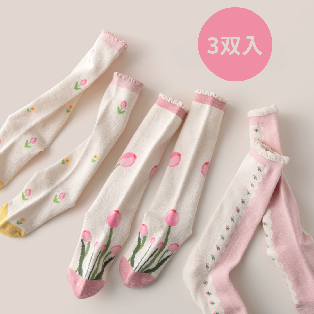 粉色花朵長中襪3双組