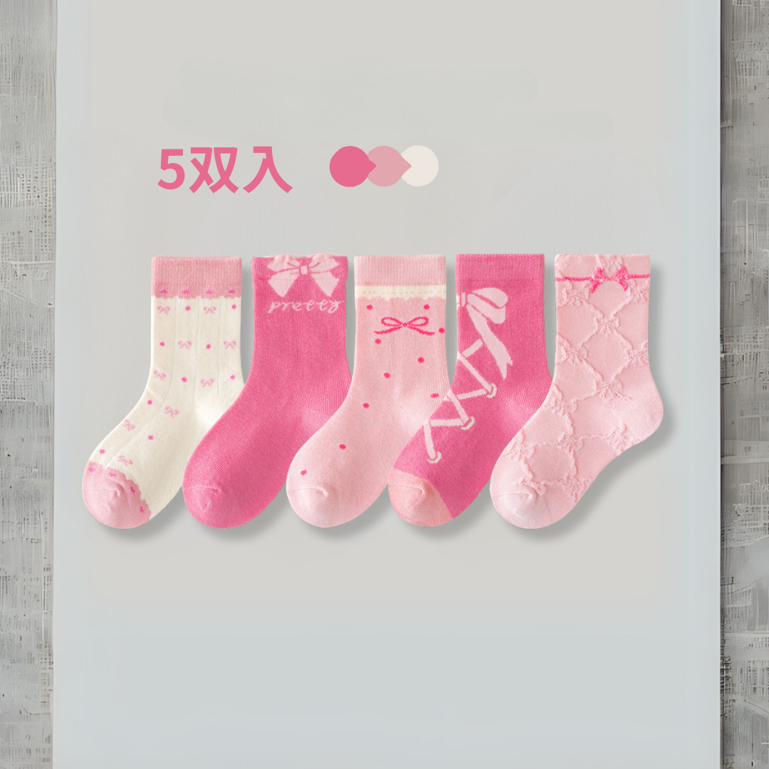 桃粉蝴蝶結 短筒襪5双組