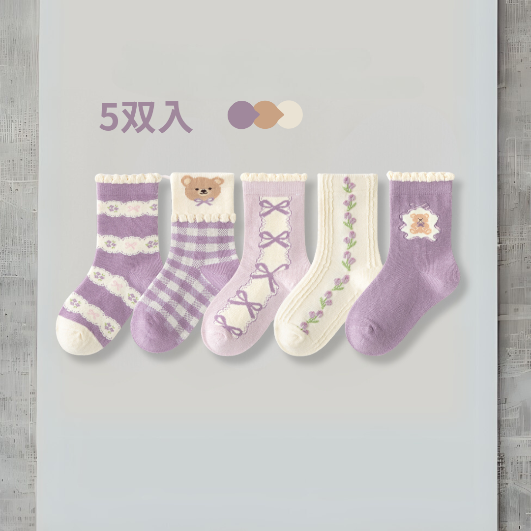 紫色小熊 短筒襪5双組