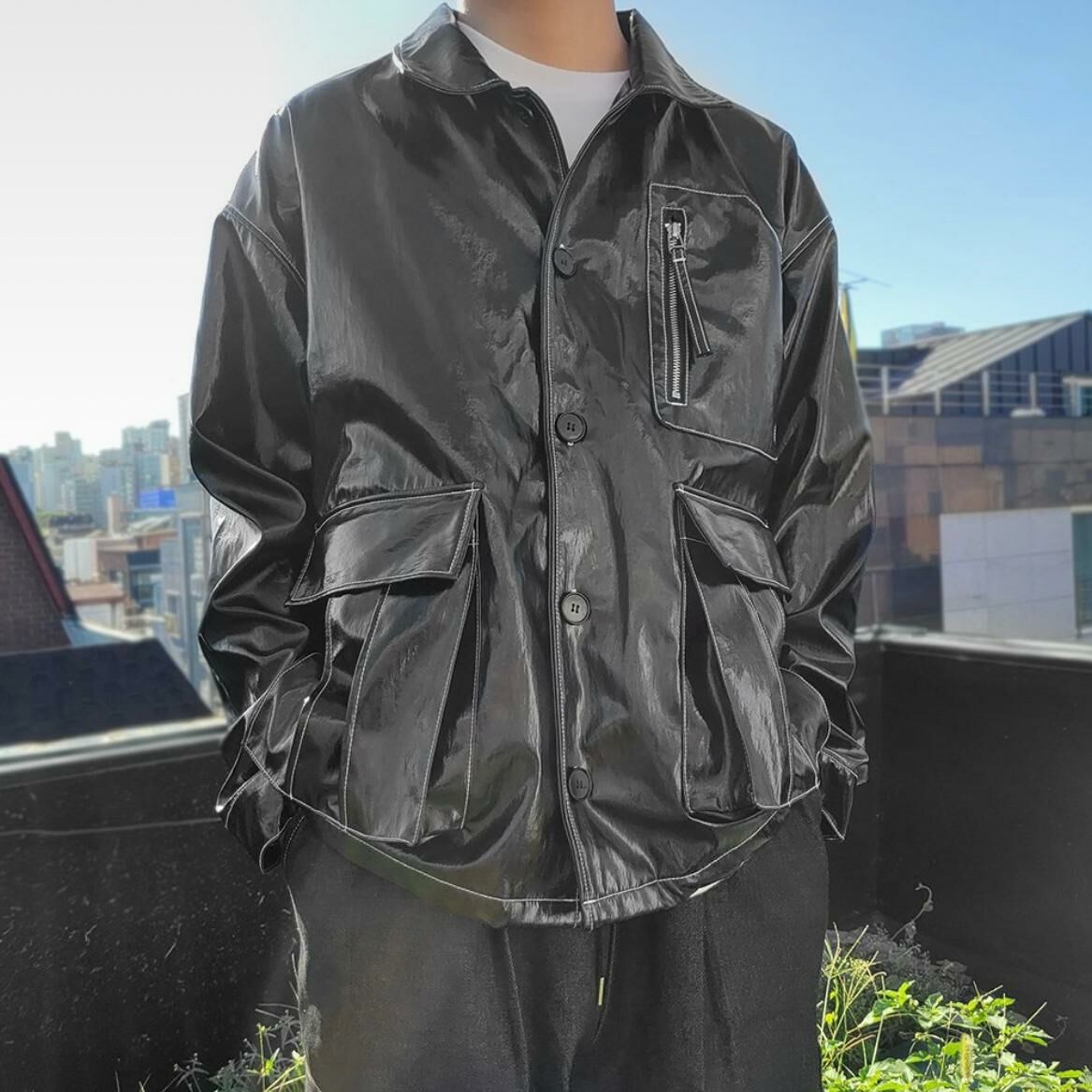 反領開胸合成皮褸 TAC-0031JK