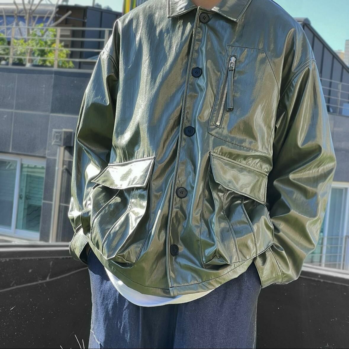 反領開胸合成皮褸 TAC-0031JK