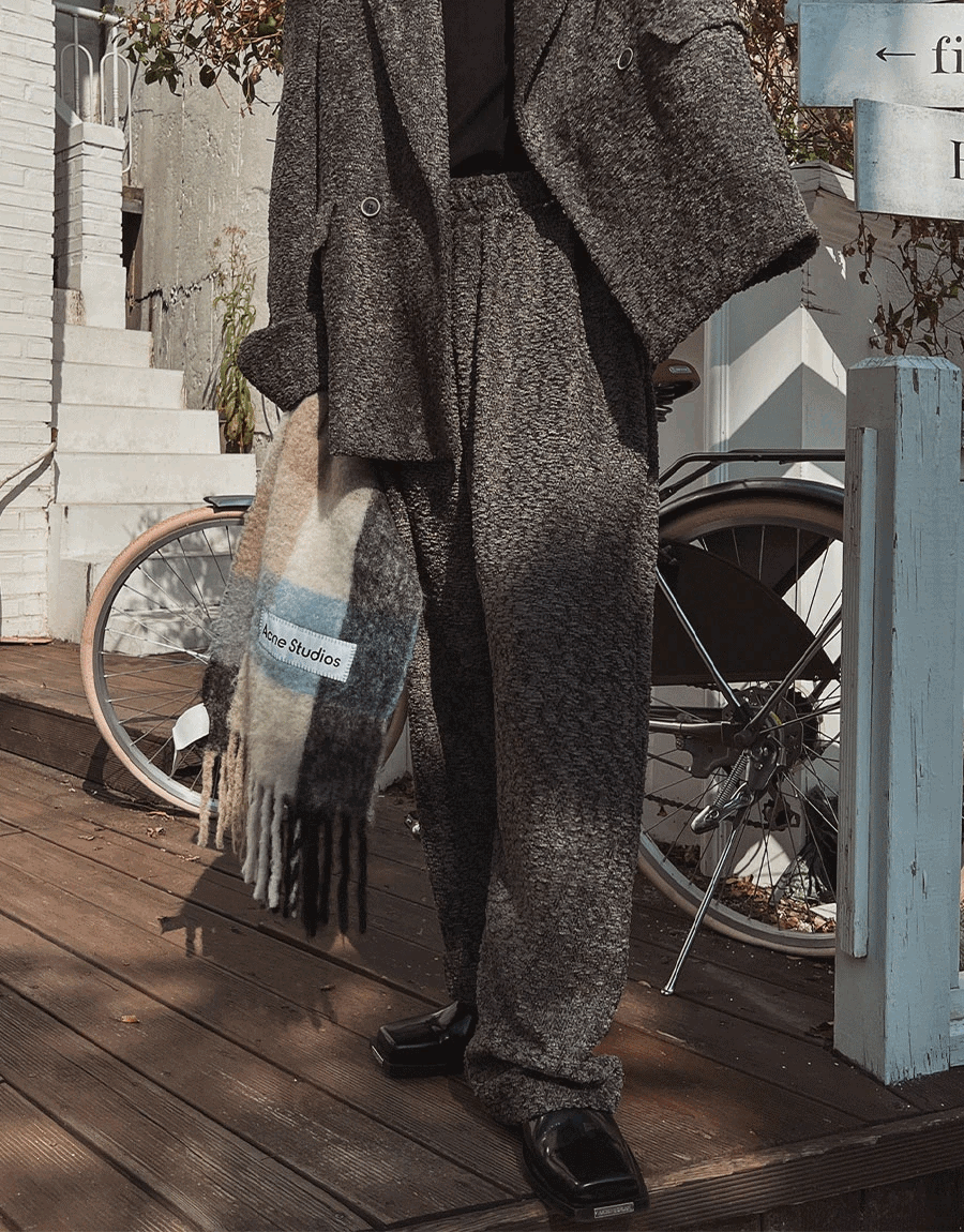 (韓潮獨家特價)鬆緊腰毛呢寬鬆長褲