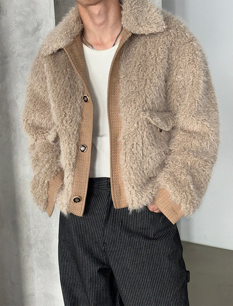 人造毛皮粗花呢外套