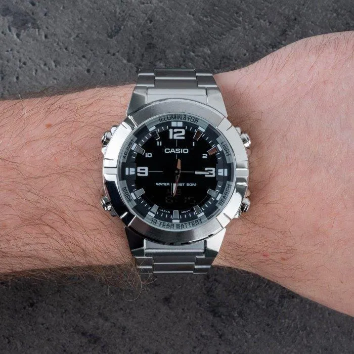 萬年鐘錶 - CASIO 卡西歐  雙顯運動休閒款不鏽鋼錶帶男錶 AMW-870D-1A  錶徑 : 44MM