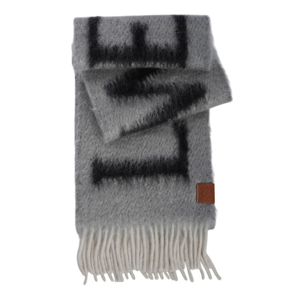 【LOEWE】Logo 海馬毛及羊毛圍巾(淺灰色/深灰色) F811257X03 1131