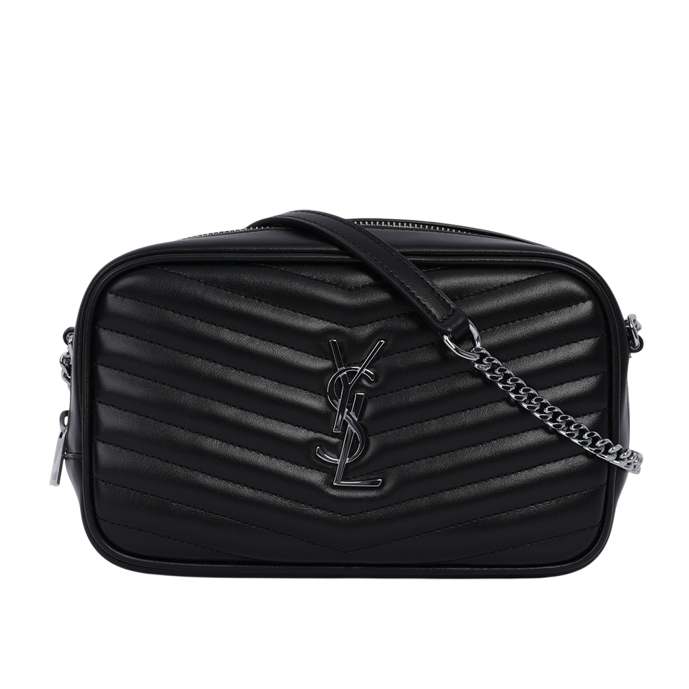 【YSL/Saint Laurent Paris】Mini Lou 銀字V紋小牛皮相機包/斜背包(黑色) 748849 DV702 1000