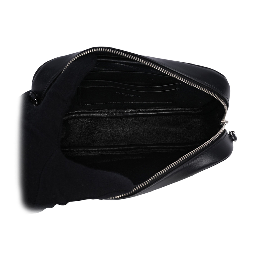 【YSL/Saint Laurent Paris】Mini Lou 銀字V紋小牛皮相機包/斜背包(黑色) 748849 DV702 1000
