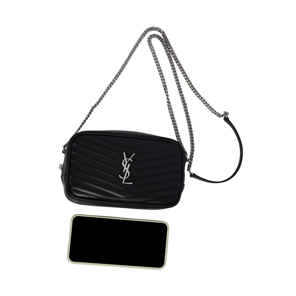 【YSL/Saint Laurent Paris】Mini Lou 銀字V紋小牛皮相機包/斜背包(黑色) 748849 DV702 1000