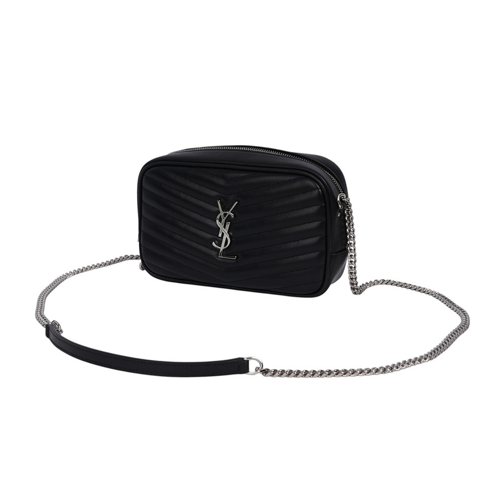 【YSL/Saint Laurent Paris】Mini Lou 銀字V紋小牛皮相機包/斜背包(黑色) 748849 DV702 1000