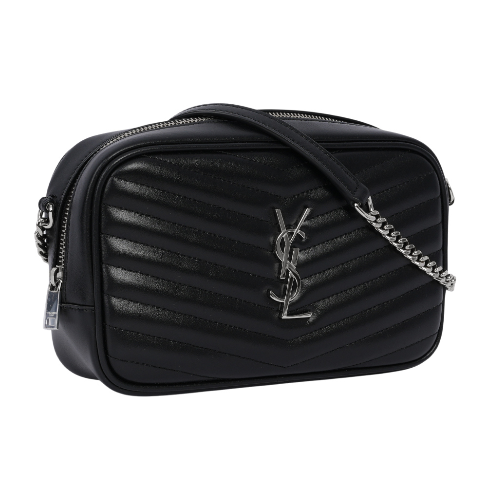 【YSL/Saint Laurent Paris】Mini Lou 銀字V紋小牛皮相機包/斜背包(黑色) 748849 DV702 1000
