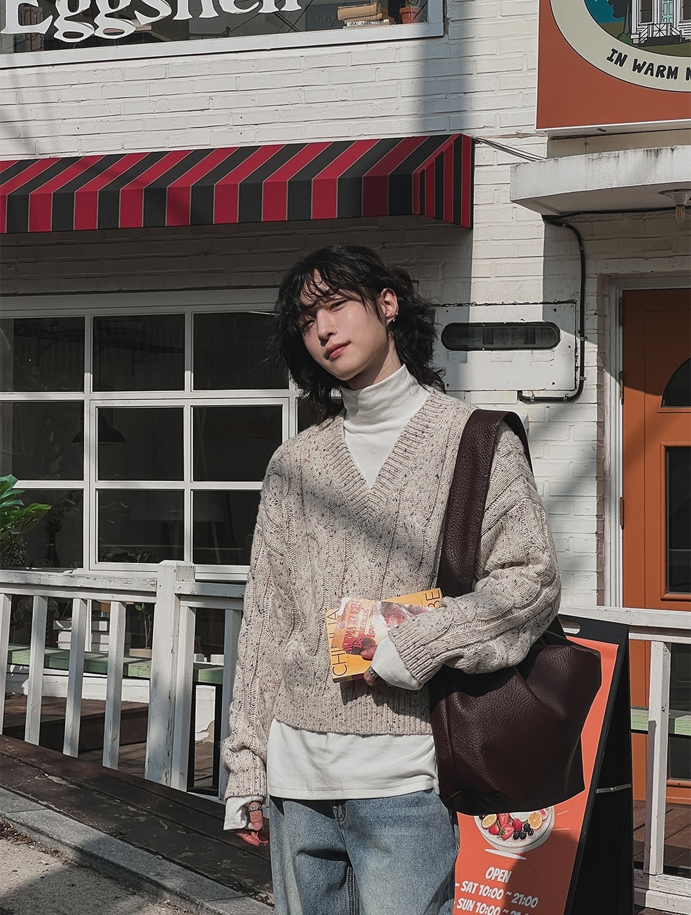 麻花短版V領針織衫