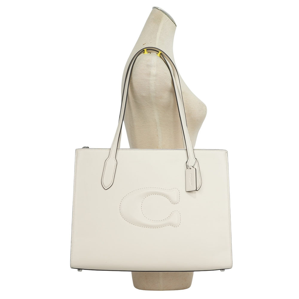 【COACH】Nina 銀釦縫線標誌小牛皮托特包(白色) CR096 SVHA