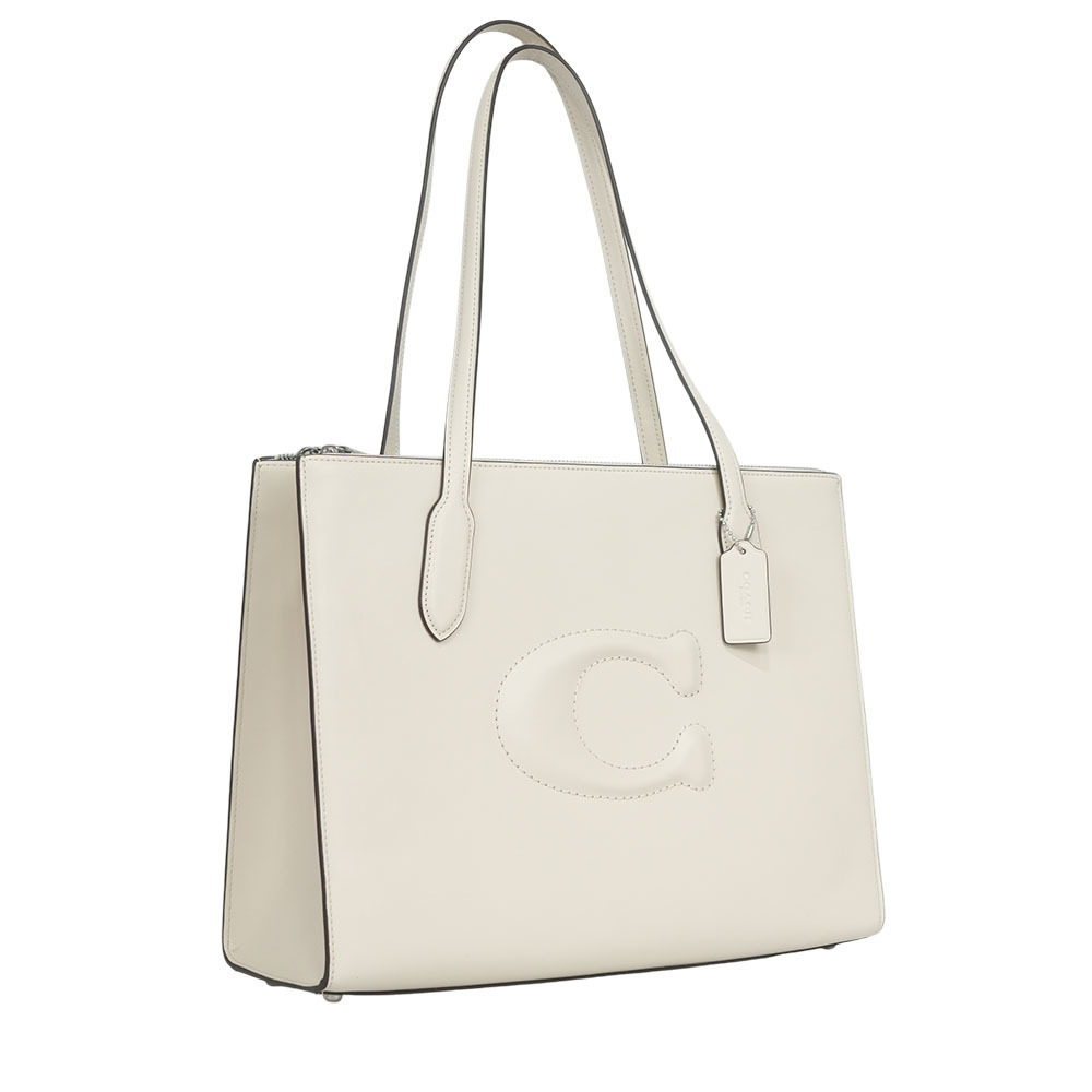 【COACH】Nina 銀釦縫線標誌小牛皮托特包(白色) CR096 SVHA