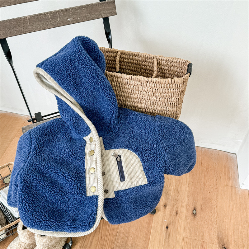 拼色羊羔毛加絨保暖外套