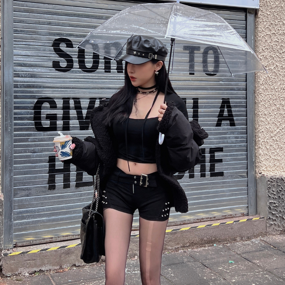 【翻領酷黑+保暖兩面穿】DOMISS羊羔毛翻領鋪棉外套 羽絨外套 大衣(現貨)