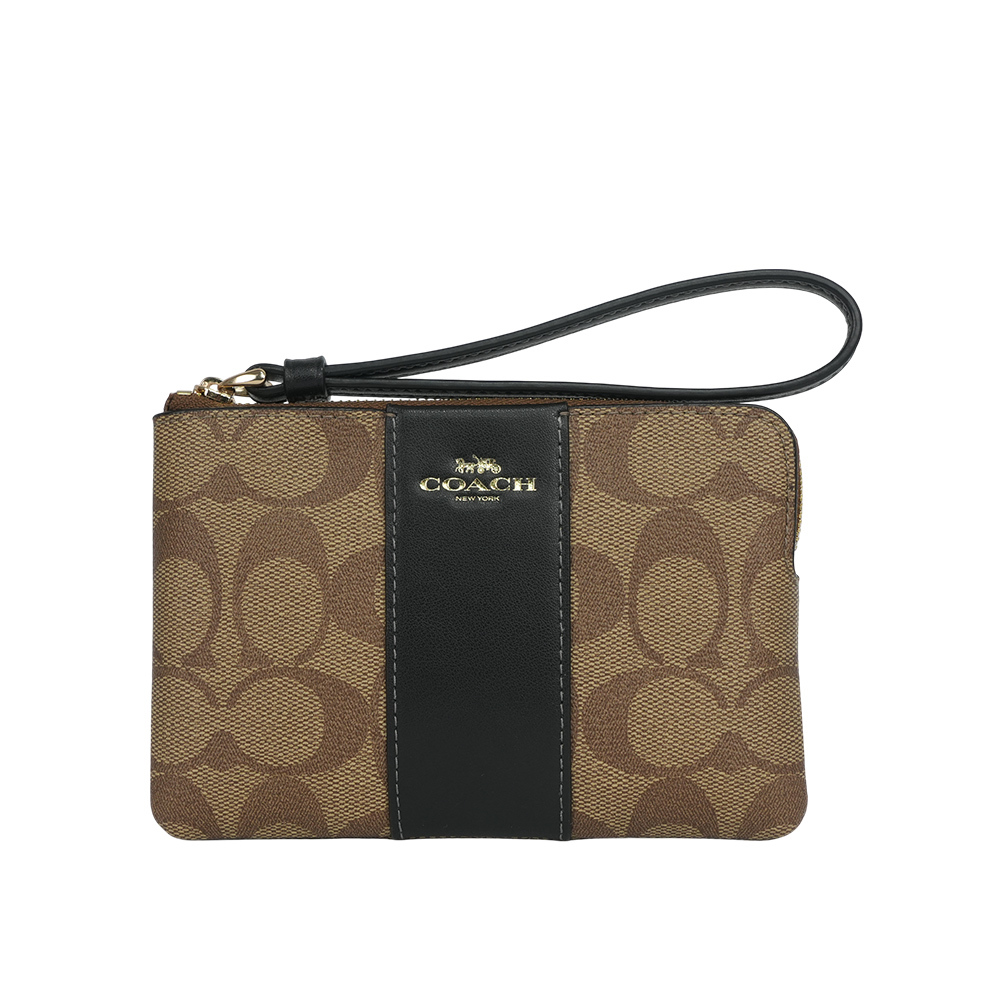 【COACH】塗層帆布及再生皮革L 型拉鍊手拿包(卡其/黑色) CS602 IMCBI