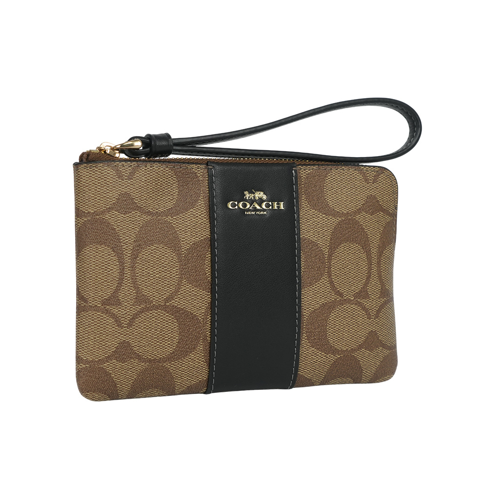 【COACH】塗層帆布及再生皮革L 型拉鍊手拿包(卡其/黑色) CS602 IMCBI