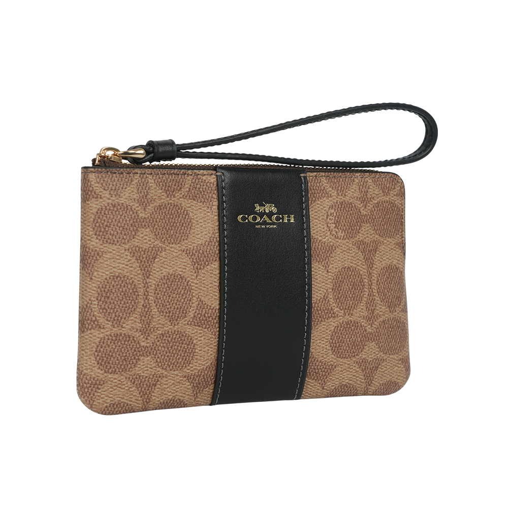 【COACH】塗層帆布及皮革L 型拉鍊手拿包