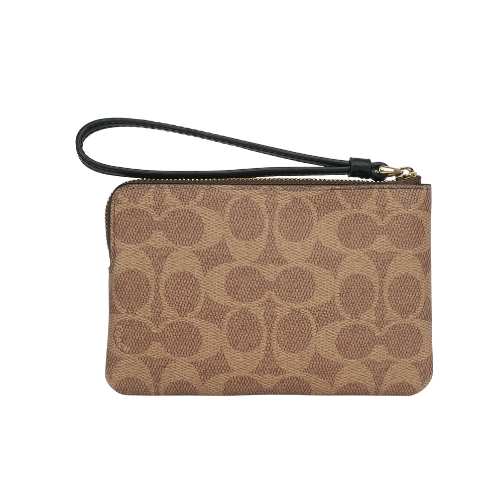 【COACH】塗層帆布及皮革L 型拉鍊手拿包(棕褐色/黑色) CW854 IMQRX