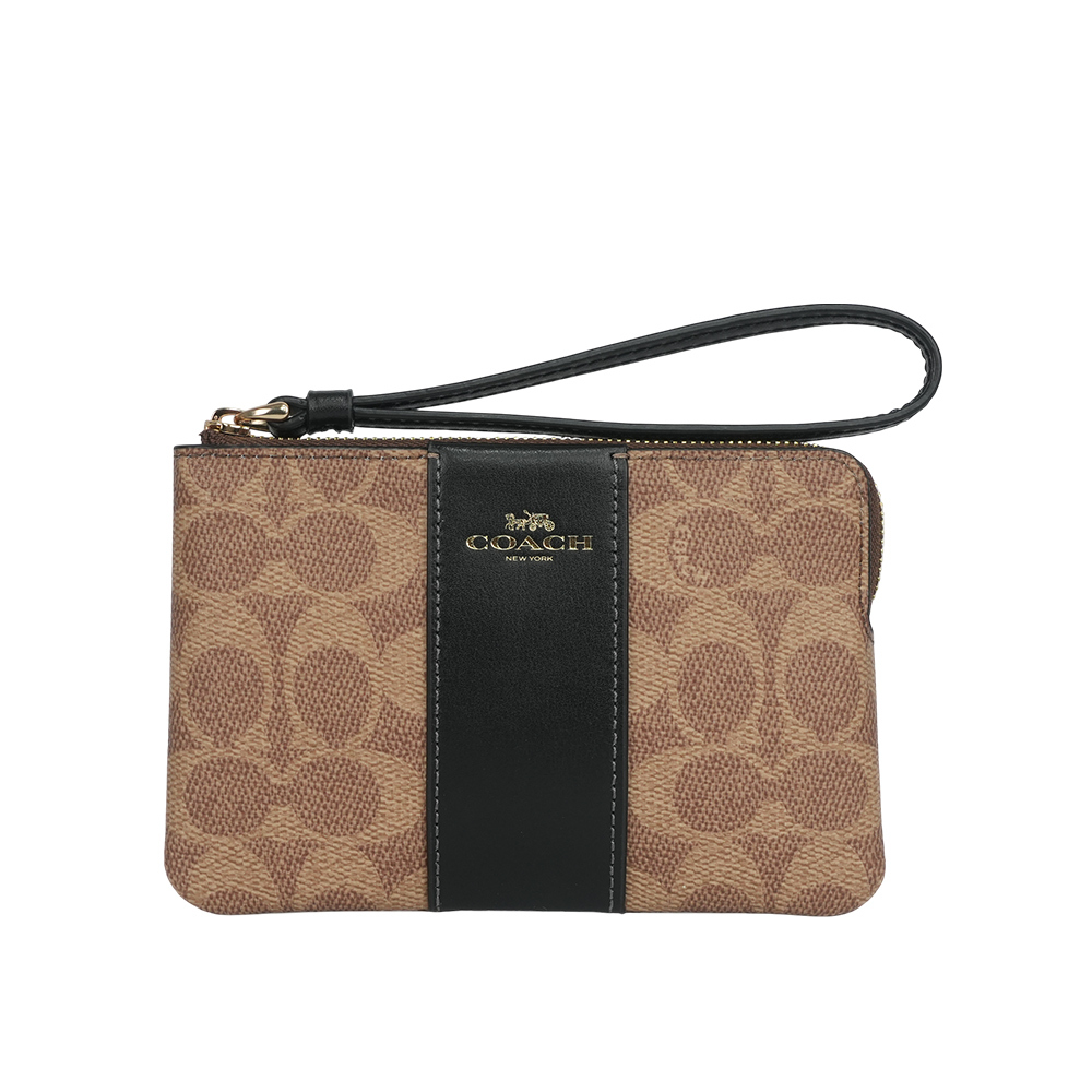 【COACH】塗層帆布及皮革L 型拉鍊手拿包(棕褐色/黑色) CW854 IMQRX
