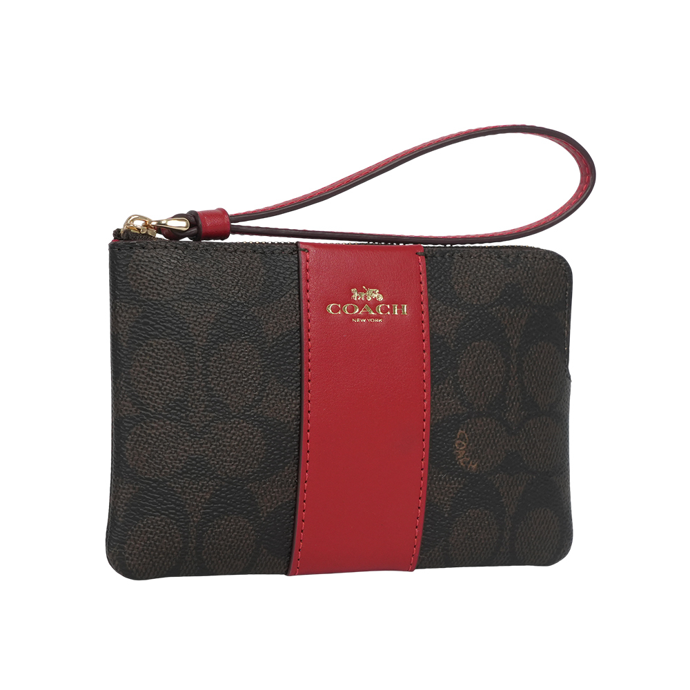 【COACH】塗層帆布及皮革L 型拉鍊手拿包(胡桃木棕/紅色) CW854 IMXD0
