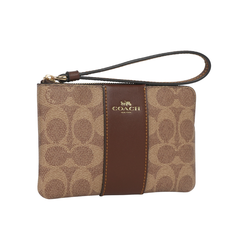 【COACH】塗層帆布及皮革L 型拉鍊手拿包(焦糖色/棕色) CW854 IMXHE
