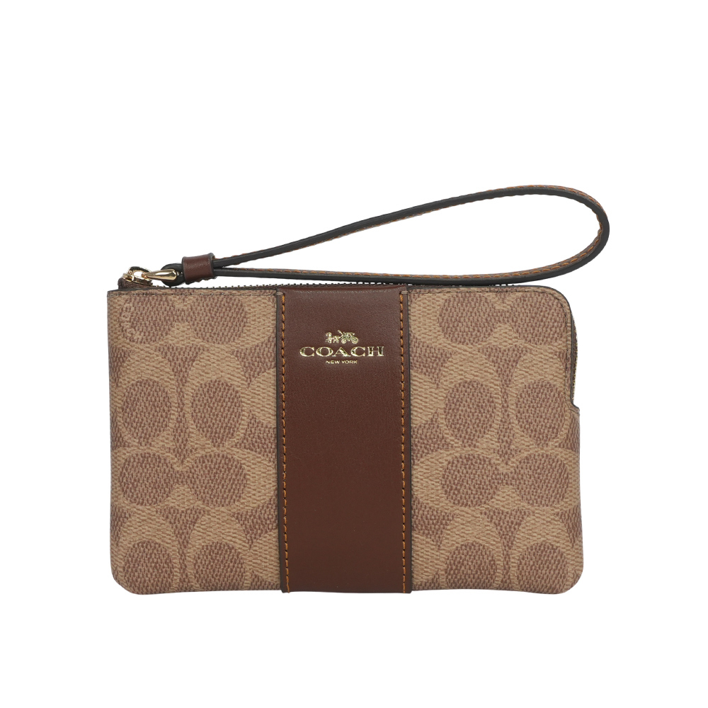 【COACH】塗層帆布及皮革L 型拉鍊手拿包(焦糖色/棕色) CW854 IMXHE