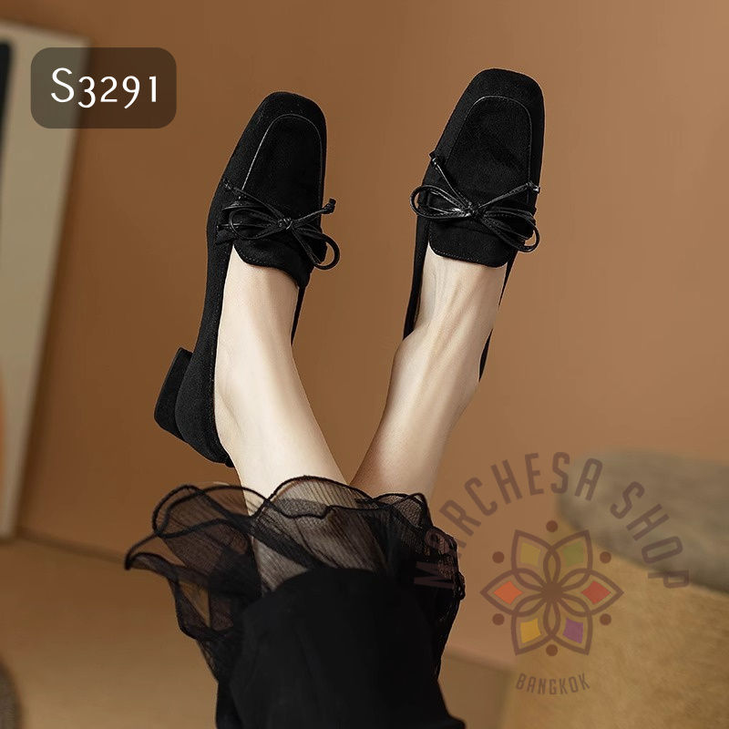 S3291 - 全真皮羊猄皮蝴蝶結方頭頭低踭鞋 (兩種內裡)