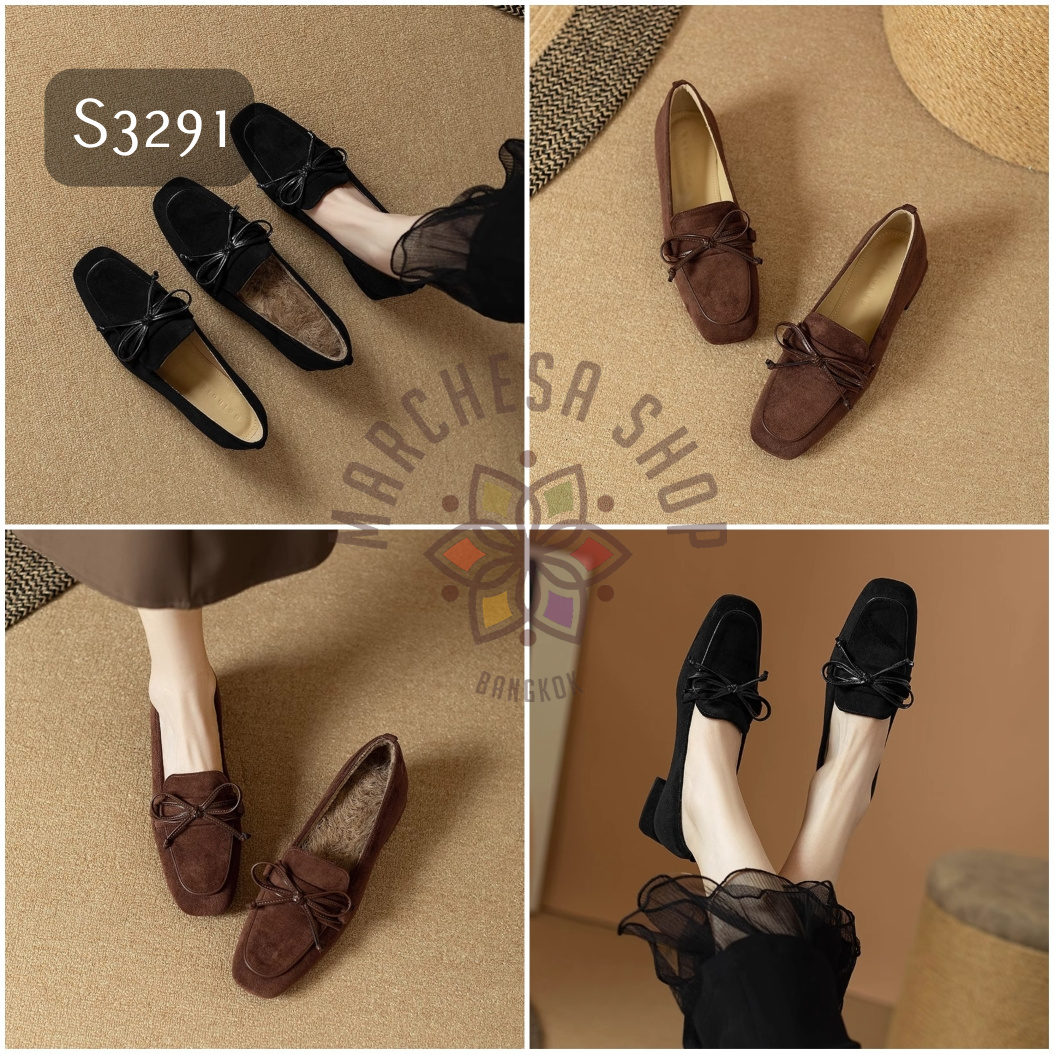 S3291 - 全真皮羊猄皮蝴蝶結方頭頭低踭鞋 (兩種內裡)