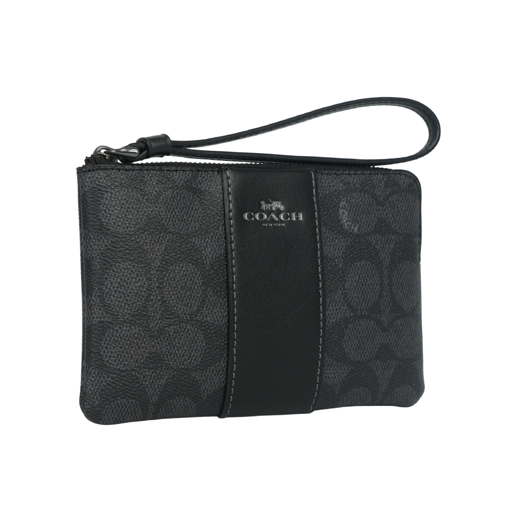 【COACH】塗層帆布及皮革L 型拉鍊手拿包(炭灰色/黑色) CW854 QBMI5