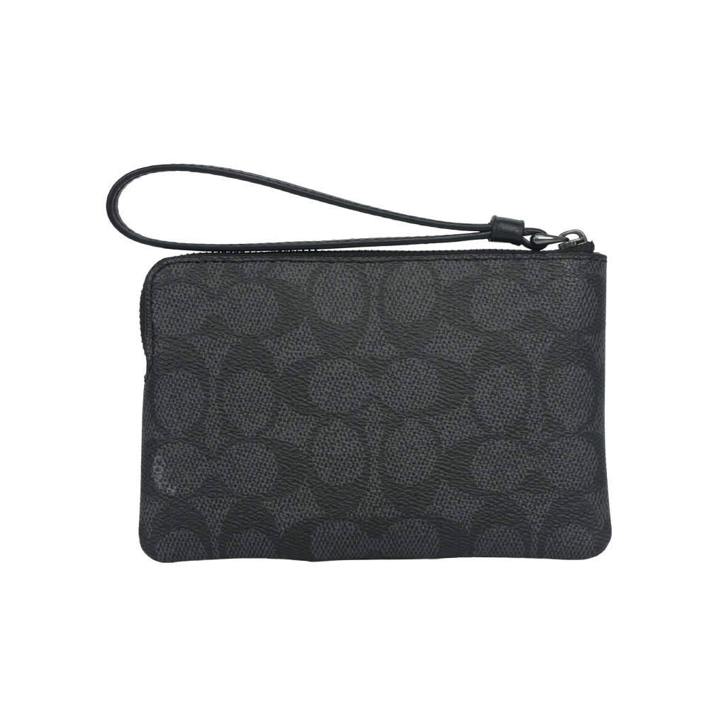 【COACH】塗層帆布及皮革L 型拉鍊手拿包(炭灰色/黑色) CW854 QBMI5