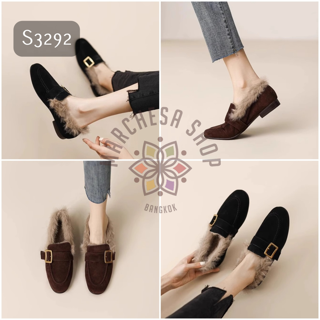 S3292 - 全真皮羊猄皮毛毛扣帶圓頭平底鞋