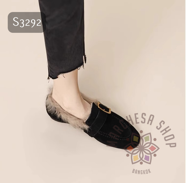 S3292 - 全真皮羊猄皮毛毛扣帶圓頭平底鞋