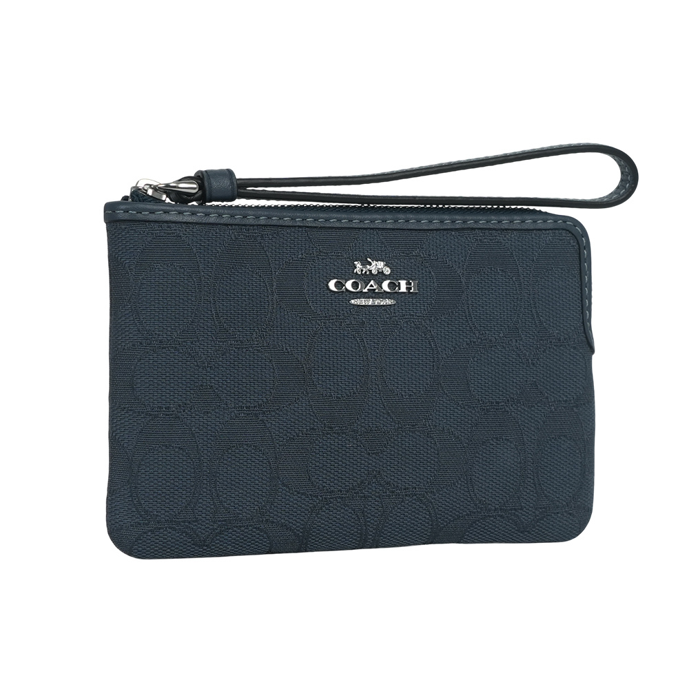 【COACH】緹花布及小牛皮L 型拉鍊手拿包(牛仔藍/深牛仔藍) CW862 SVPM1