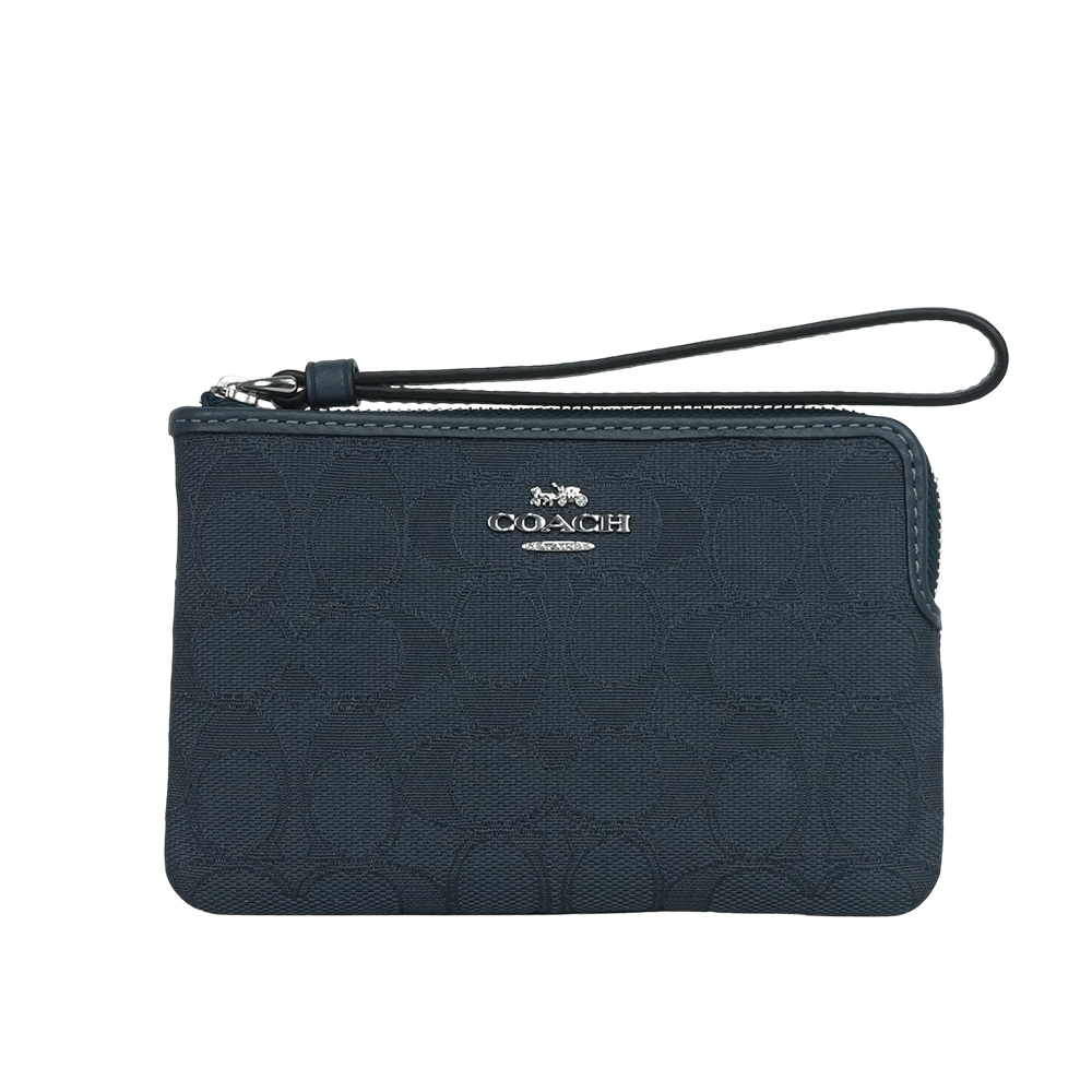 【COACH】緹花布及小牛皮L 型拉鍊手拿包(牛仔藍/深牛仔藍) CW862 SVPM1