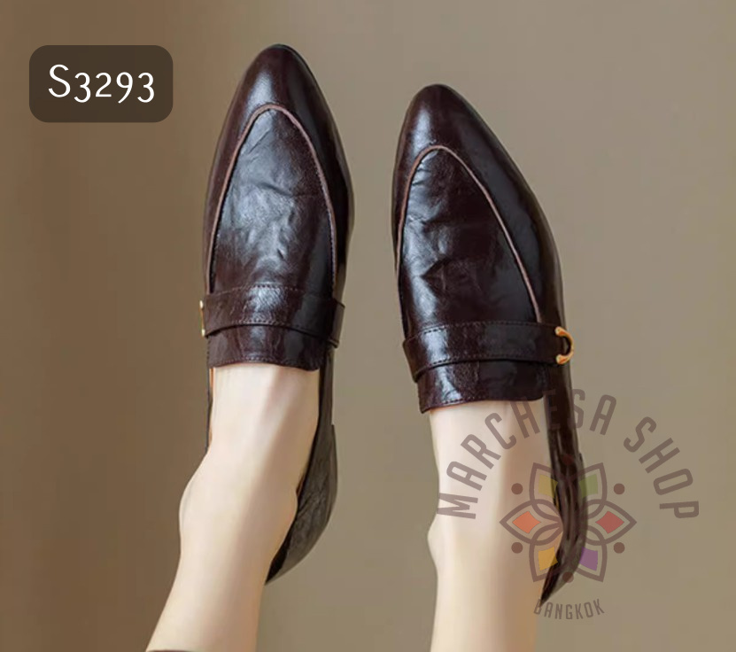 S3293 - 全真皮羊皮復古V扣帶尖頭平底鞋