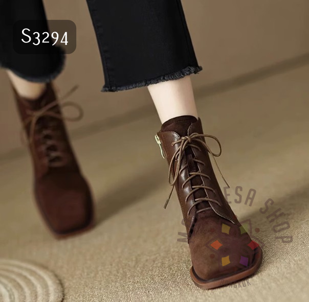 S3294 - 全真皮羊猄拼皮綁帶方頭低踭短鞋