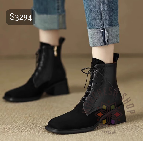 S3294 - 全真皮羊猄拼皮綁帶方頭低踭短鞋