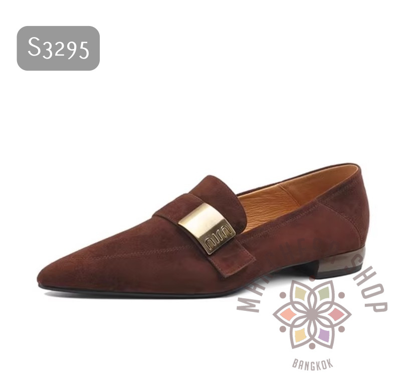 S3295 - 全真皮羊猄軟皮一字銅扣尖頭平底鞋