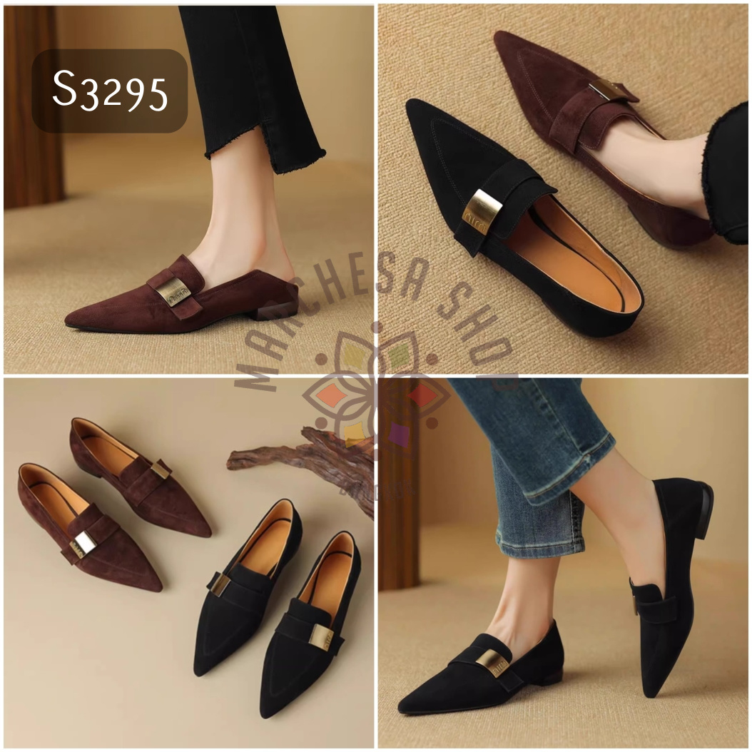 S3295 - 全真皮羊猄軟皮一字銅扣尖頭平底鞋