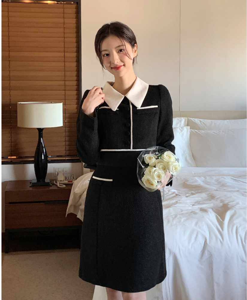 [現貨] Kaolin 撞色學院風連衣裙 [ 黑色 / S,M ]