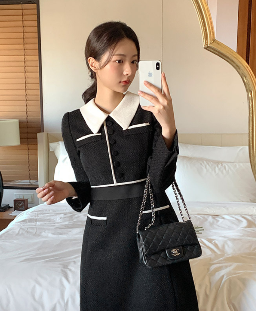 [現貨] Kaolin 撞色學院風連衣裙 [ 黑色 / S,M ]