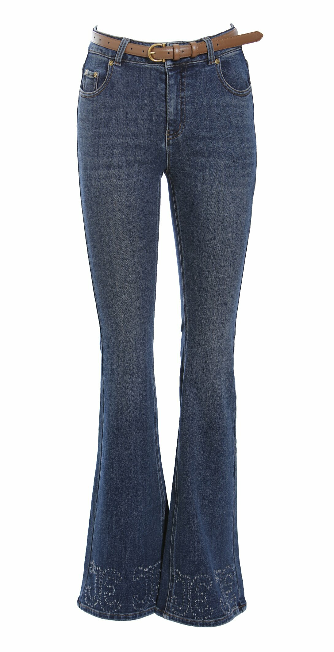 BD15310B1 復古曲線刺繡微喇叭丹寧褲 (附腰帶)