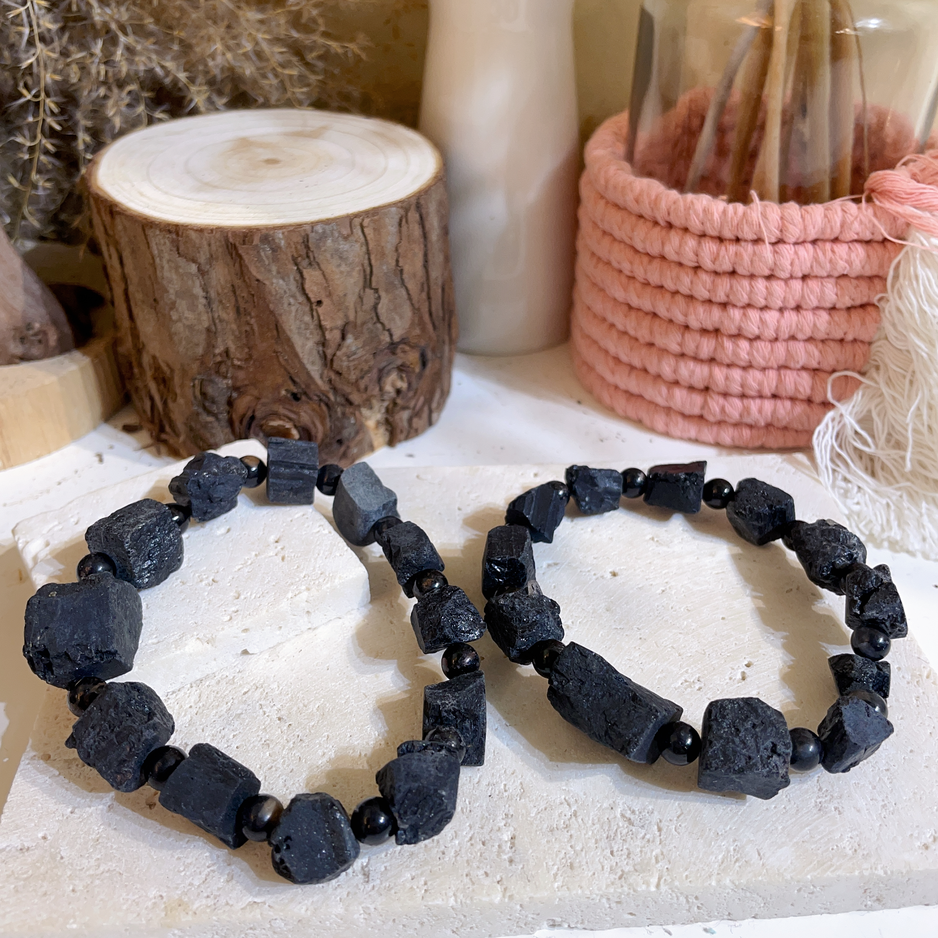 黑碧璽原石隔珠手串